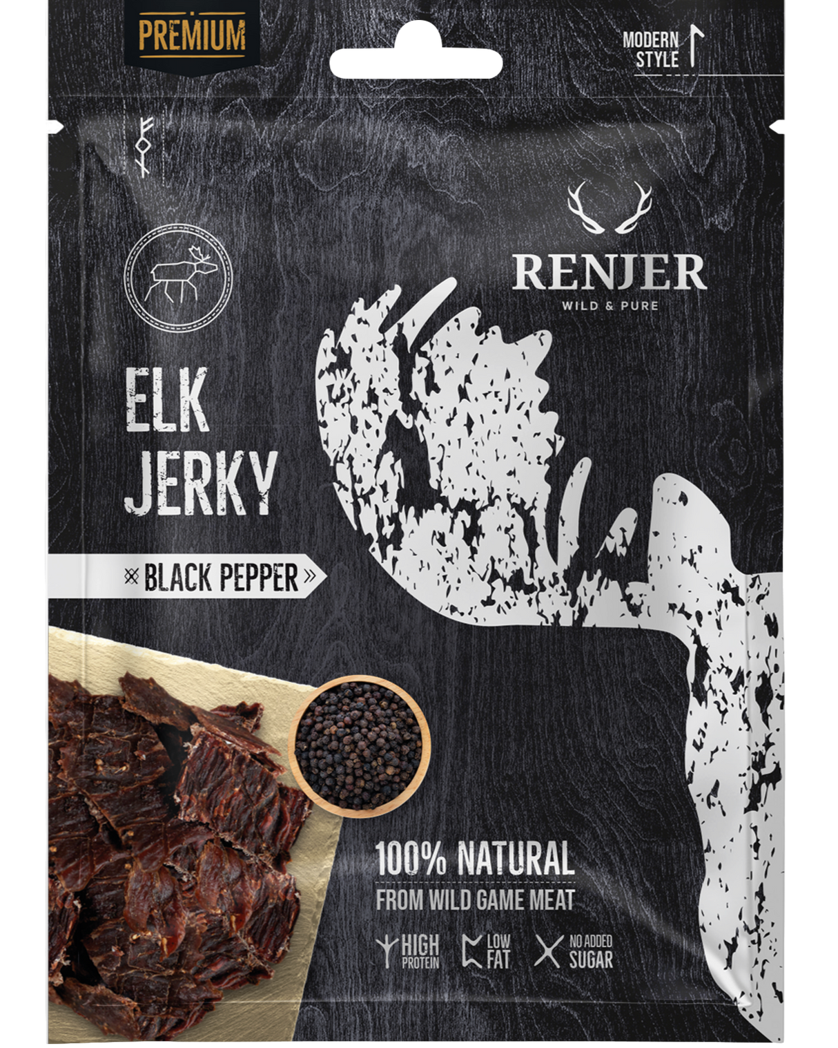 Renjer Elg Jerky med Svart Pepper