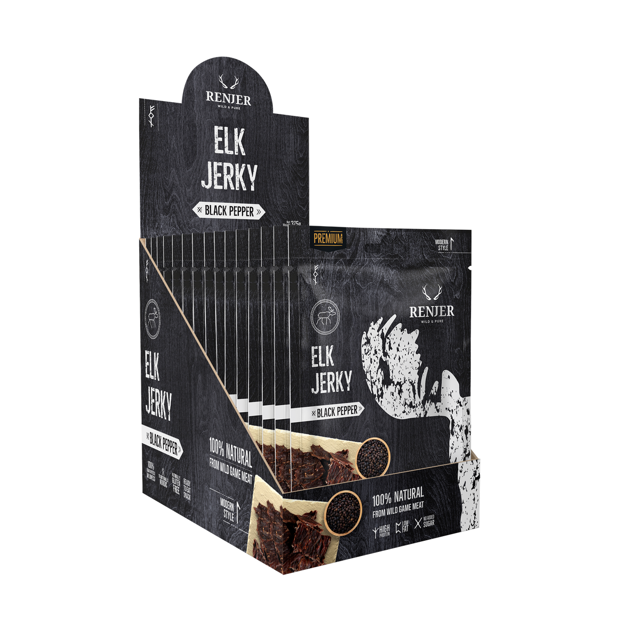 Renjer Elg Jerky med Svart Pepper